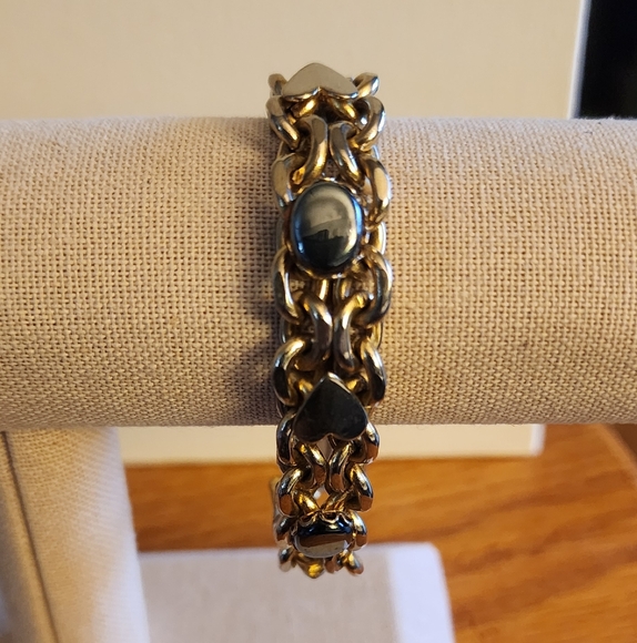 VINTAGE GOLD TONE STONE HEARTS CLASP LOCK BRACELET - Picture 1 of 5